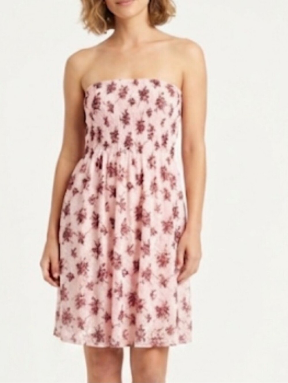 Pink Lace Floral Tube Mini Dress Smocked Bodice Pull -On Size Large Feminine